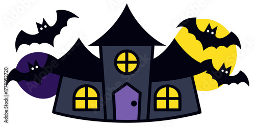 Illustration of a spooky haunted house with bats flying around in front of the moon on halloween night