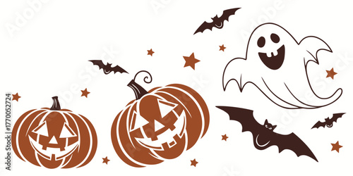 Two pumpkins a ghost and several bats with stars scattered around for a halloween themed background
