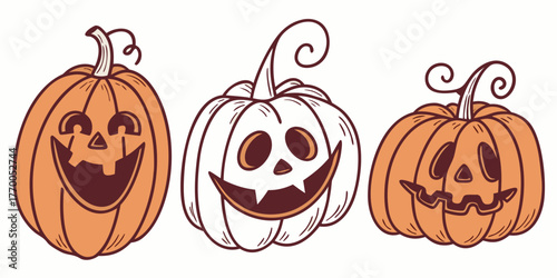 Three jack o lanterns with different facial expressions and stem shapes for halloween decoration art
