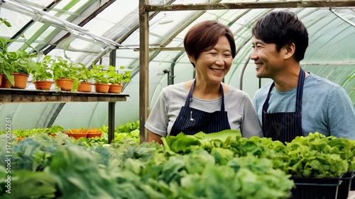 Young Asian couple with their garden vegetable crop. Together they cultivate a lush vegetable garden full of ripe, fresh produce.