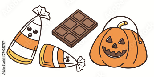 Illustration of halloween treats including candy corn chocolate bar and a pumpkin bucket with handle