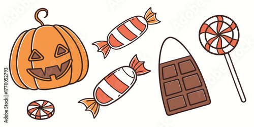 A halloween themed image displaying a pumpkin two wrapped candies a chocolate piece and a lollipop candy