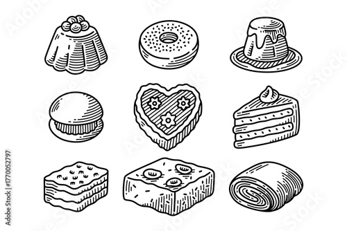 jelly pudding , doughnut, pudding, macaron, hearth cake, plum cakes, swiss rolled engraving hand drawn vector illustration element design set for dessert, pastry, bakery, sweet food, restaurant, cafes