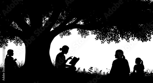 Peaceful silhouette of a family enjoying reading and quiet time together under a large shade tree