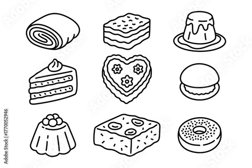 swiss rolled, layered cakes, pudding, sliced, hearth cakes, macaron, plum cookies, donut doodle outline line art vector illustration element design set for dessert, pastry, bakery, sweet food, cafes