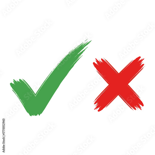 Green Check Mark and Red Cross Symbols Painted with Brush Strokes Isolated on White Background Vector Illustration