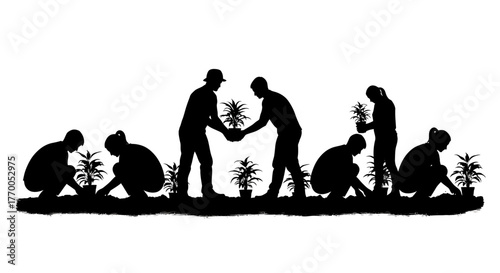People planting trees together for environmental conservation and sustainability.