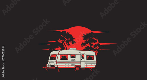 Retro Caravan Adventure Under a Stylized Red Sunset with Silhouetted Trees, Perfect for Summer