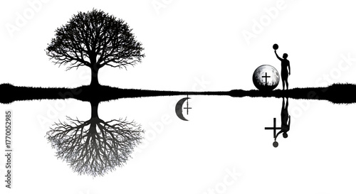 Reflective illustration of faith symbols, nature, and human aspiration in a balanced silhouette
