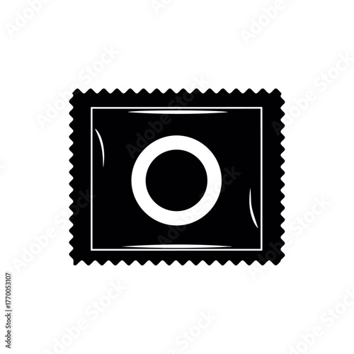 Black and white icon of a condom package featuring a white circle in the center on a white background, simple and modern design