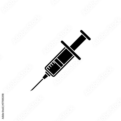 Black silhouette of a medical syringe with needle and measurement markings, isolated on a white background, symbol of healthcare and medicine
