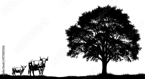 Silhouette of Cows Grazing Near a Tree.