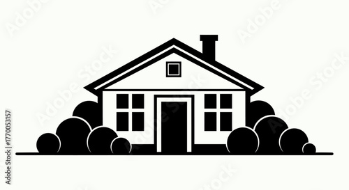 Simple Graphic Illustration of a Cozy House with Lush Bushes and a Chimney on a White Background