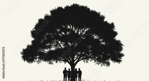 Silhouetted Family Group Standing United Under a Grand, Mature Tree Symbolizing Growth
