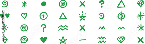 Hand drawn green doodle elements isolated on transparent background, a whimsical collection of symbols and shapes for creative projects and designs