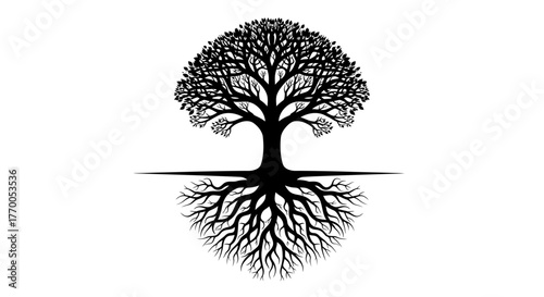 Stylized Silhouette of a Majestic Tree with Deep Roots Reflecting Branches, Symbolizing Life, Growth