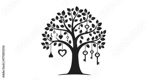 Stylized Silhouette Tree Adorned with Vintage Keys and Romantic Hearts Representing Love and Growth