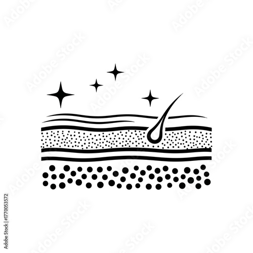 Cross section of healthy skin layers with hair follicle and sparkling effect symbolizing cleanliness and renewal