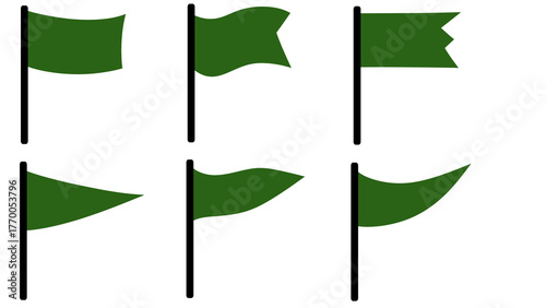 Six green flag icons, flat design, minimal style, isolated on transparent background