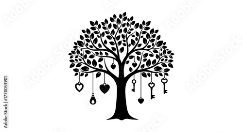 Stylized Tree Silhouette with Hanging Love Hearts, Ornate Keys, and Keyholes Symbolizing Connection