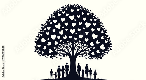 Symbolic Family Tree with Heart-Shaped Leaves and Silhouetted Generations, Representing Love