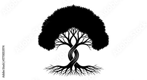 Symbolic silhouette of a vibrant tree showcasing intertwined roots and branches, embodying nature's
