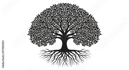 Symbolic Tree of Life with Deep Roots and Lush Canopy Illustration on White Background