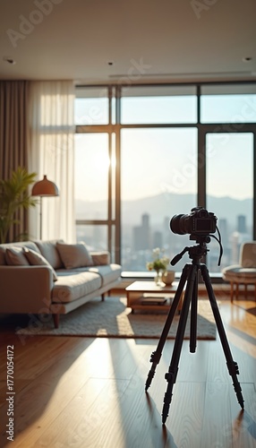 Camera on tripod in modern living room. Pro photography equipment in interior with sofa, coffee table, city view. Woman uses camera to capture apartment for real estate listings.