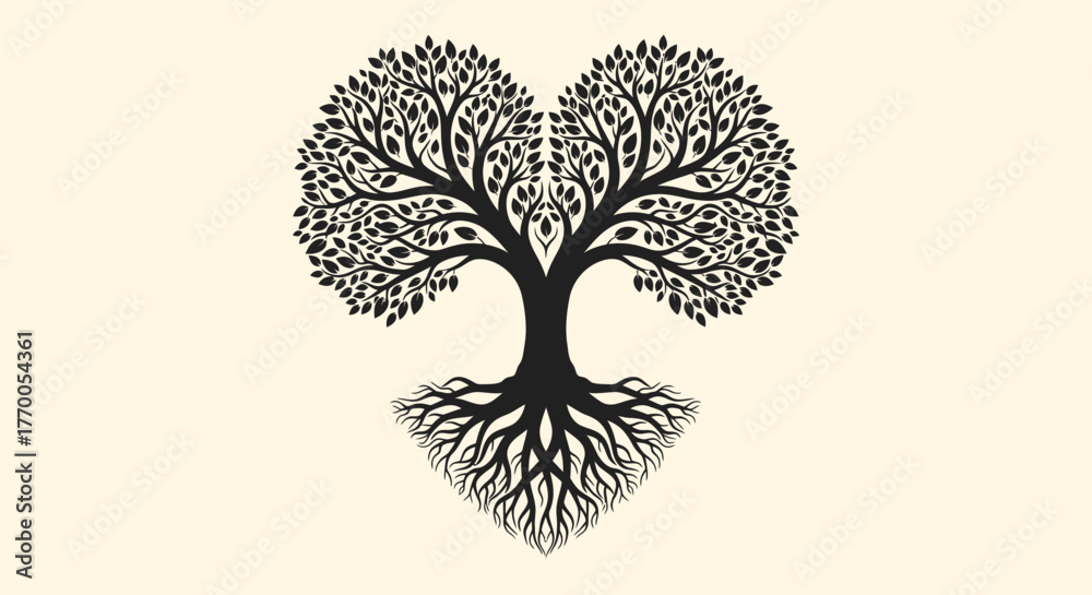 Naklejka premium Vector illustration of a stylized heart-shaped tree with deep roots, symbolizing love, life,