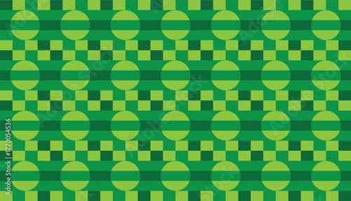 A seamless retro geometric pattern featuring circles and rectangles in shades of green combination. The balanced layout and soft color contrast give it a mid-century modern feel