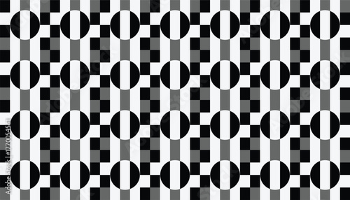 A seamless geometric pattern featuring black and white circles aligned with vertical and horizontal stripes. The abstract optical design creates a bold contrast and rhythmic repetition