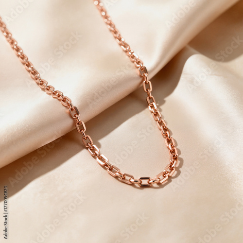 A stylish, chunky rose gold chain necklace is laid elegantly on a luxurious, flowing champagne-colored satin or silk fabric with soft light and shadow.