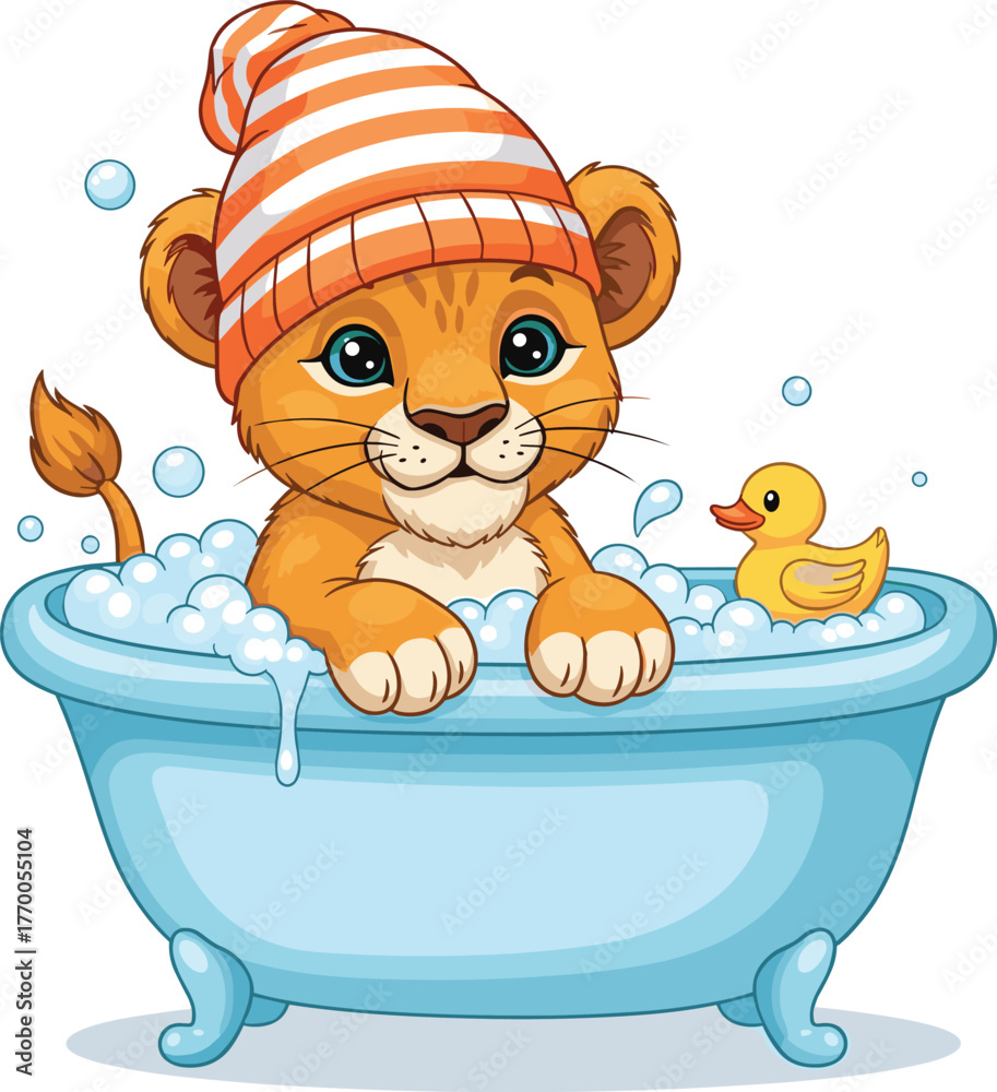 Fototapeta premium Cute Baby Lion Cub Cartoon Taking a Bubble Bath with Striped Hat and Rubber Duck
