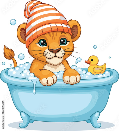 Cute Baby Lion Cub Cartoon Taking a Bubble Bath with Striped Hat and Rubber Duck