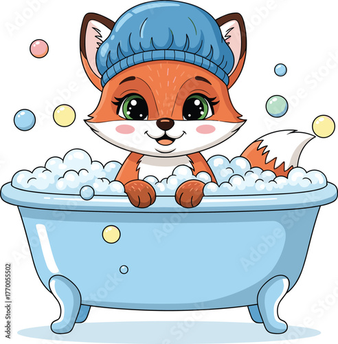 Happy Cartoon Fox Taking a Bubble Bath in a Blue Tub Wearing a Shower Cap