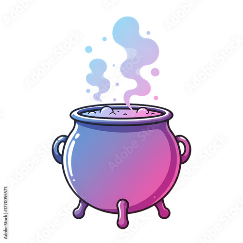 Cartoon cauldron with bubbling potion and rising steam on transparent background