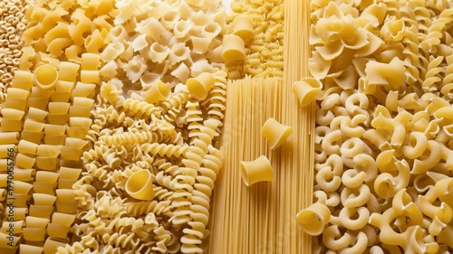 Variety of Uncooked Pasta Types Arranged Neatly, Overhead Shot