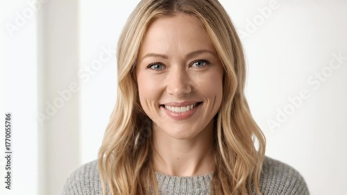 Smiling Blonde Woman Portrait - Natural Light, Clean Background, Friendly Face