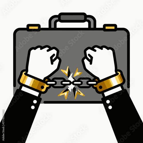 Hands in handcuffs breaking free from a briefcase illustration  