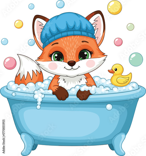 Super Cute Cartoon Fox Taking a Bubble Bath with Rubber Duck and Colorful Bubbles