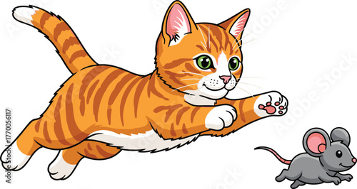Cartoon Orange Tabby Cat Chasing Mouse Vector Illustration