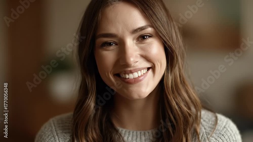 Smiling Woman Portrait: Happy and Confident, Warm Lighting, Close-up