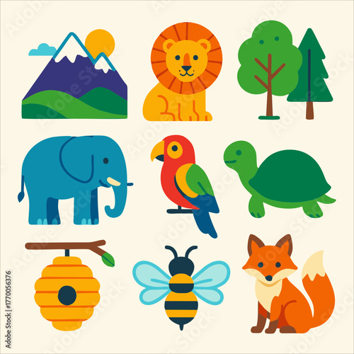 Set of cartoon-style animals and nature elements with vibrant colors and playful design
