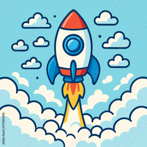 Vibrant cartoon rocket soaring through a blue sky amidst fluffy clouds, symbolizing business startup, innovation, and rapid progress towards success and future achievements