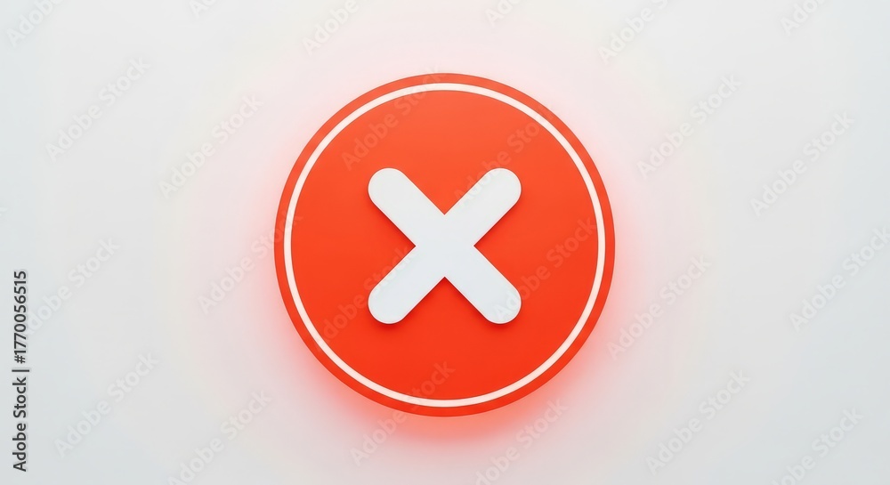 Fototapeta premium A red circle with a white border and a white x in the center on a white background, close up view