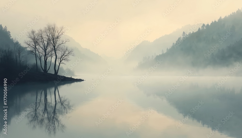 Fototapeta premium Early morning mist covers calm lake surface. Water perfectly reflects bare trees on small bank. Fog covered mountains rise above dense forest in background. Serene natural landscape creates tranquil