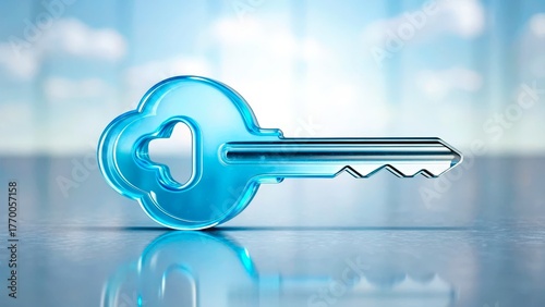 Bright blue key placed on a reflective surface with a soft blurred background suggesting a bright day