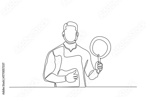 Chef holds frying pan in continuous one line drawing. Single line art illustration of professional chef ready to cooking. Editable vector.