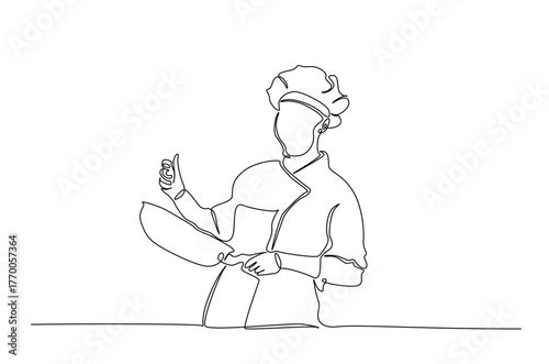 Chef holds frying pan in continuous one line drawing. Single line art illustration of professional chef ready to cooking. Editable vector.