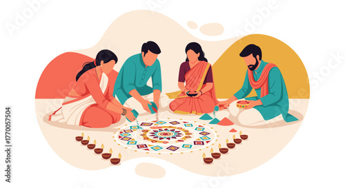 A group of people are gathered together, creating a beautiful and colorful Rangoli design with traditional lamps in the foreground.